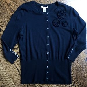 Like New Crystal Button, Fitted Black Cardigan, M